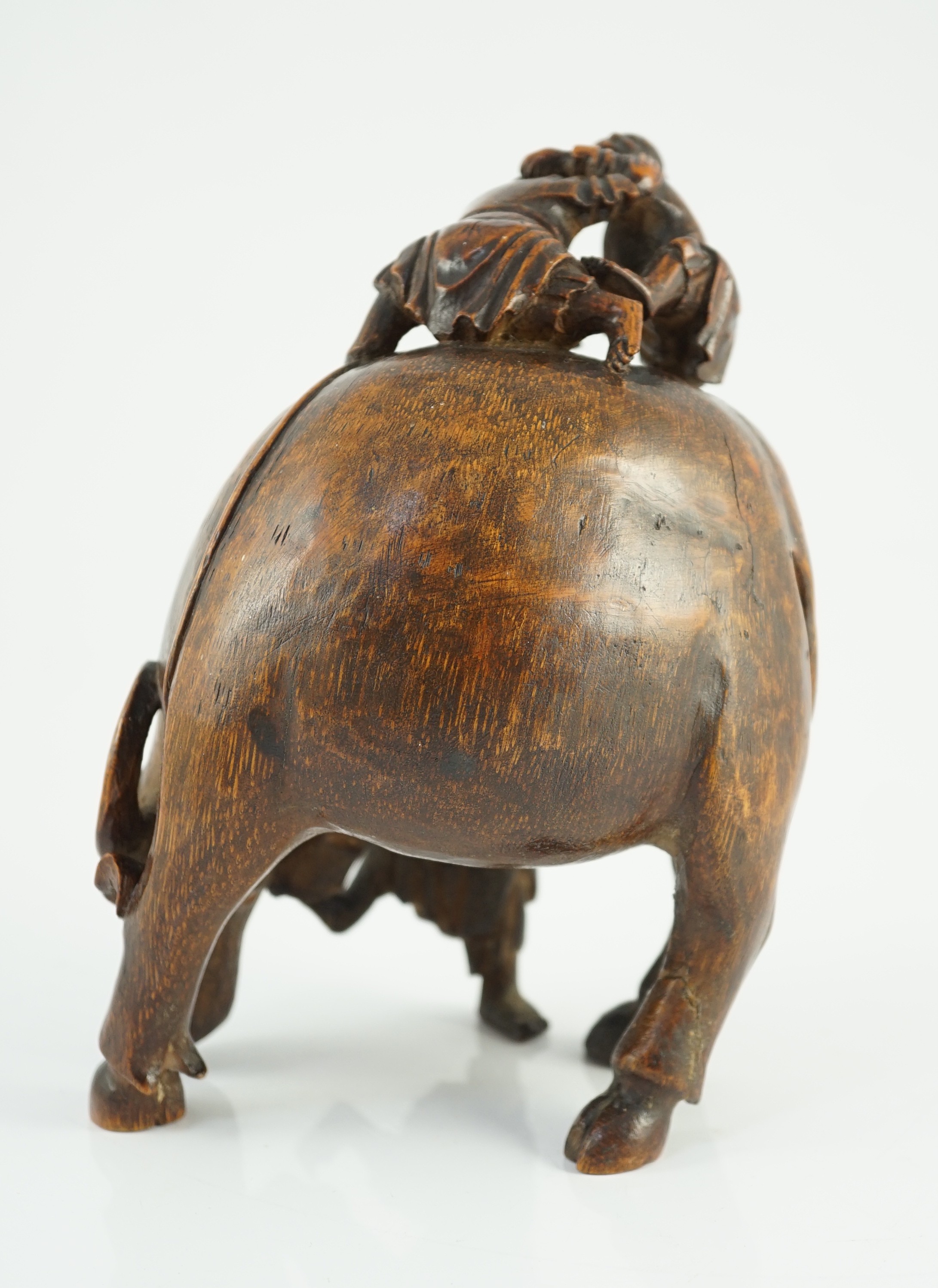 A Chinese bamboo ‘boys and buffalo’ group, 18th/19th century, 19.5cm high, one buffalo leg lacking